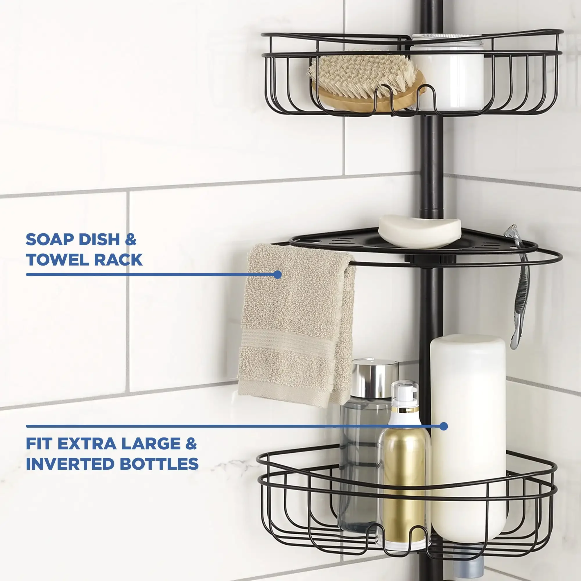 Mainstays 4 Tier Steel Tension Pole Shower Caddy with 3 Baskets & Soap Tray Shelf, Oil-Rubbed Bronze