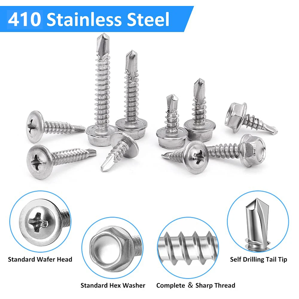 Stainless Steel Self-Drilling Hex Head and Pan Head Tapping Screws Assortment Kit, Wood and Sheet Metal, 404Pcs, #8, #10