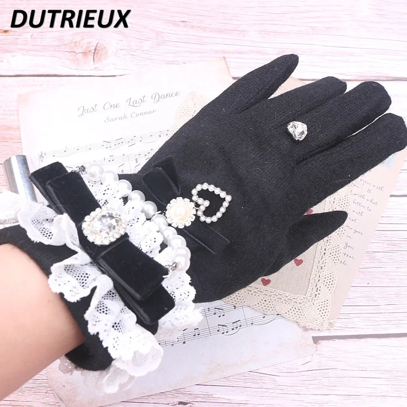 Handmade Japanese Sweet and Cute Girls Mine Lace Black Gloves Winter All-matching Bow Beaded Finger Wool Fleece Gloves