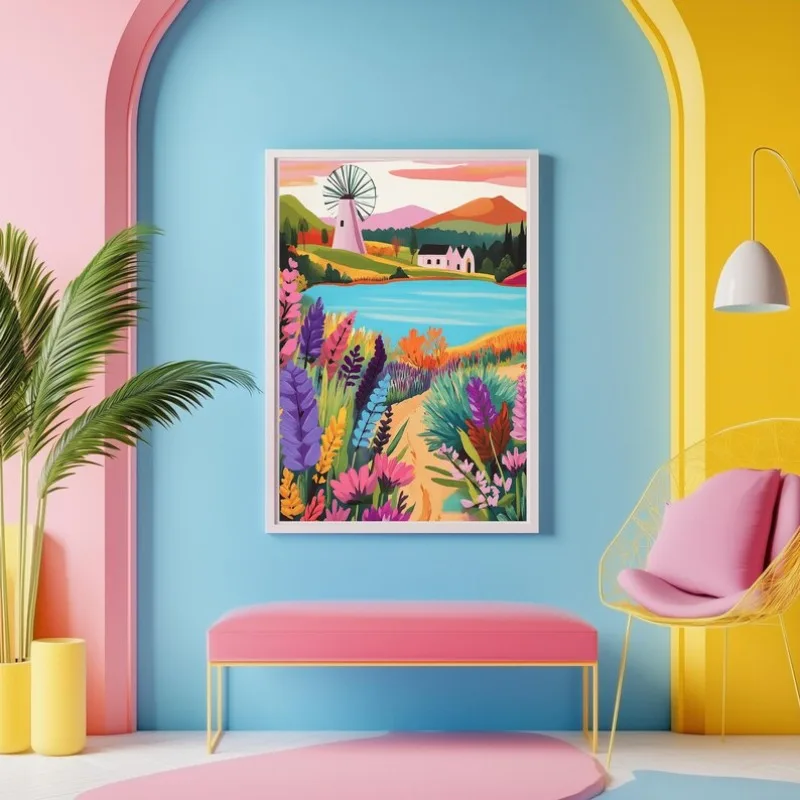 نابضة بالحياة شرفة فناء بحيرة الأزهار عرض المشارك الملونة طبيعة المشهد قماش اللوحة بوهو جدار الفن لغرفة المعيشة ديكور المنزل #4