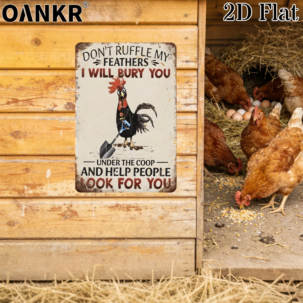 Vintage Chicken Art Poster Metal Tin Sign, Rooster Holding Shovel Metal Signs for Man Cave Farm Garden Home Wall Decor Plaque