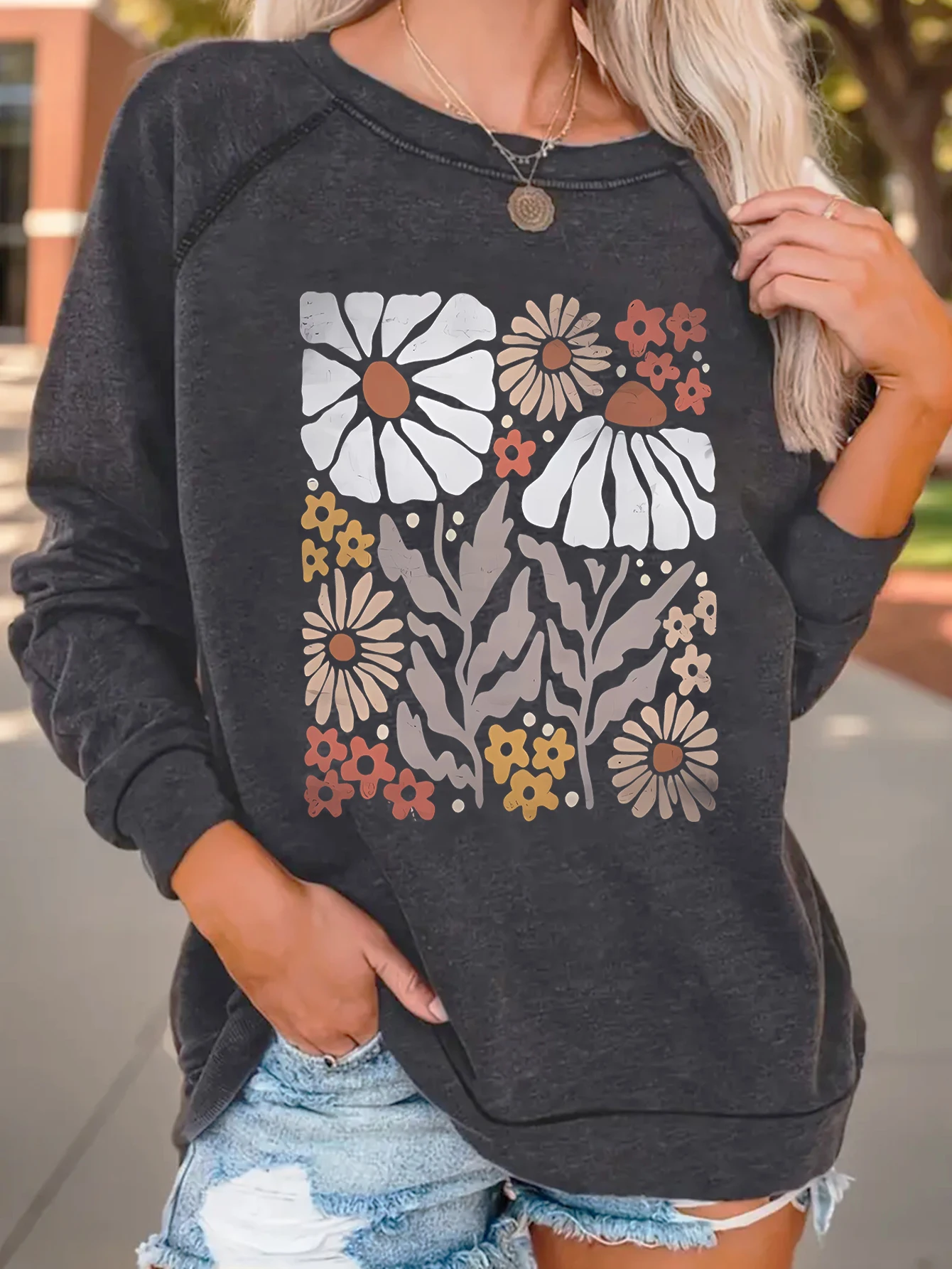 Bohemian floral wildflower print sweatshirt crew neck casual sweatshirt Fall/Winter women's shoulder hoodie