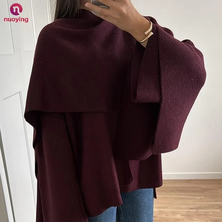 Nuovo elegante mantello in maglia da donna con sciarpa, cardigan corto grigio a maniche lunghe e vestibilità ampia per l'autunno, capo di moda da donna per l'inverno.