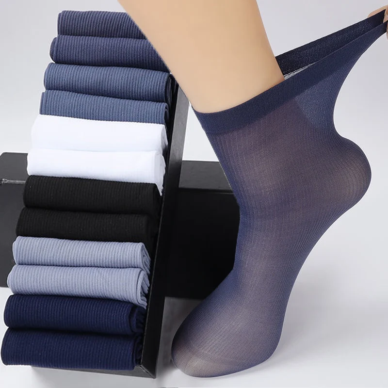 20Pairs Men's Socks Thin Ice Stockings Summer Breathable Casual Socks Solid Color Elastic Ice Silk Cool Mid-tube Business Socks