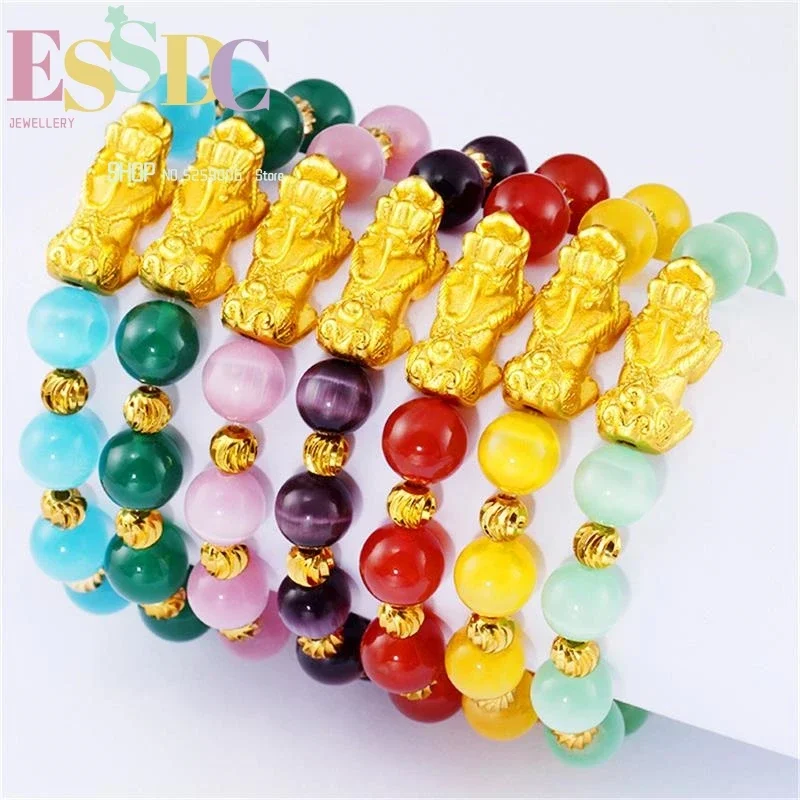 

Wholesale Natural Cat's Eye Stone Pixiu Charm Fashion Women's Sand Gold Bracelet 7 Colors Onyx Beads Jewelry