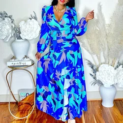 Fashion Elegant Female Clothes 2023 Spring New Women's Print Deep V Split Slim Fit Long Dress Long Sleeve Plus Size Robe