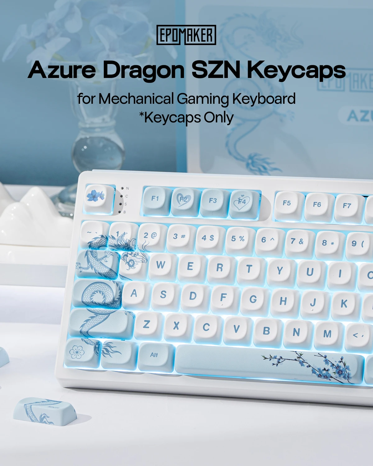 EPOMAKER X LINDSEYSZN Azure Dragon SZN Keycaps Set 140 Keys MOA Profile PBT Keycaps MX-Compatible for ANSI/ISO Layout Keyboards