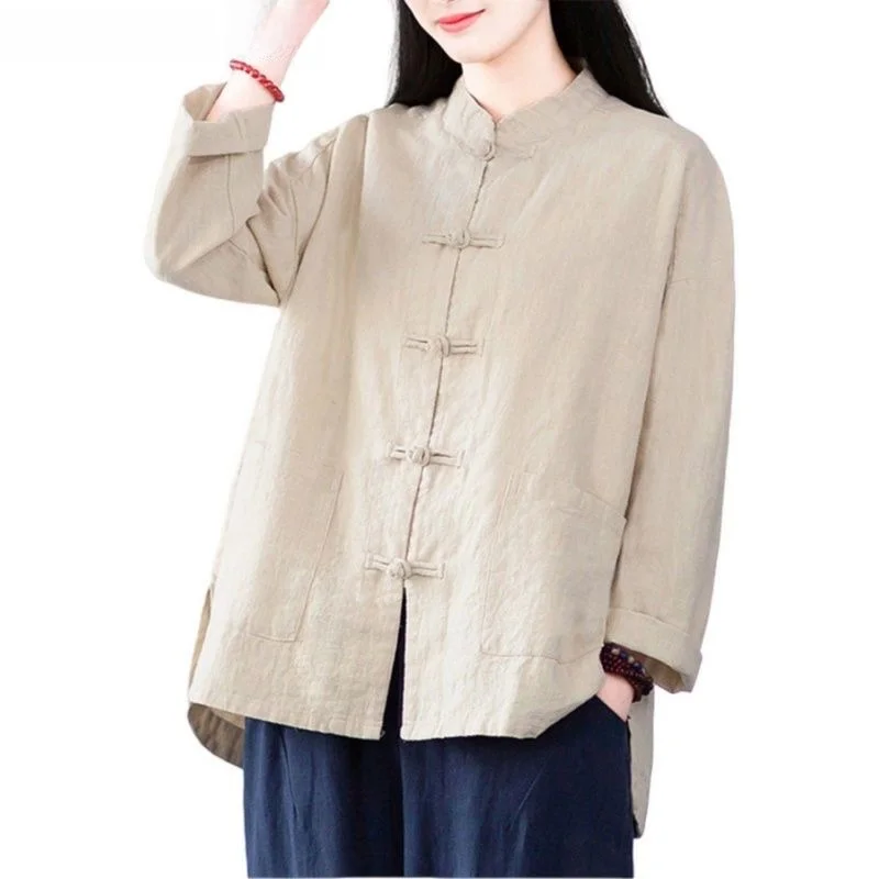 

New Chinese Sle Button up irt Women's Spring 2025 Retro Loose Casual Outerwear Linen Zen Tea Costume Open Cardigan
