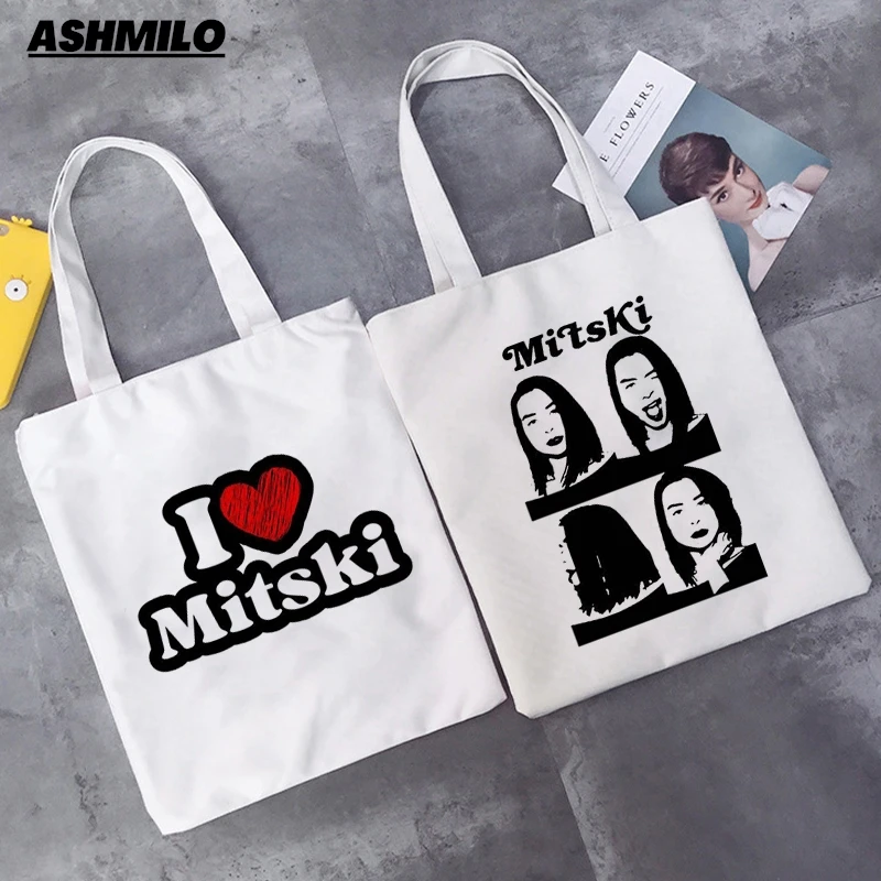 Women Canvas Eco Bag I Love Mitski Shopping Bag Cartoon Fashion Large Capacity Shopping Shopper Shoulder Bags