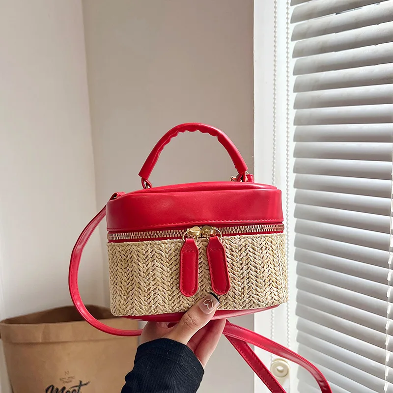 New Straw Bucket Bag Beach Bag2024New Portable Texture Makeup Box Bag Mori Styleins Women's Bag