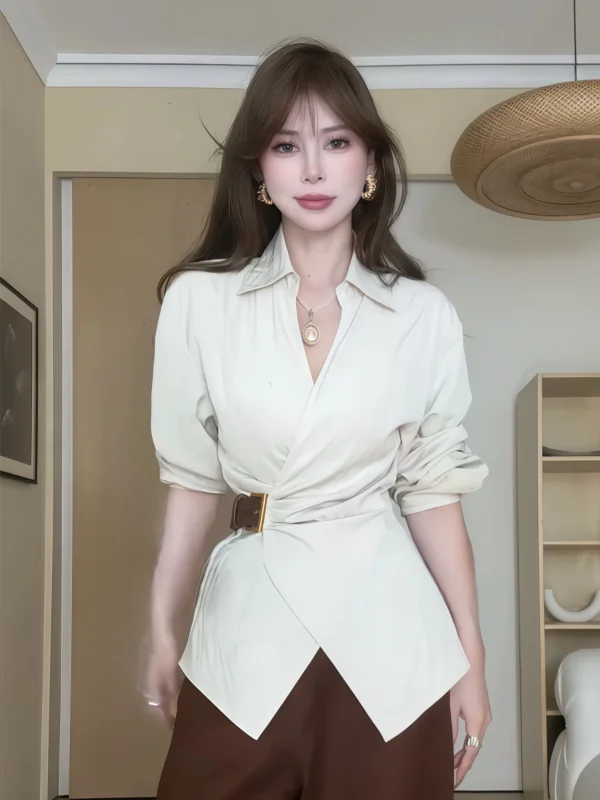 

plus Size Korean Sle Commute V-Ne Long Sve irt Slimming Waist Design for plus Size Women Autumn New Arrival