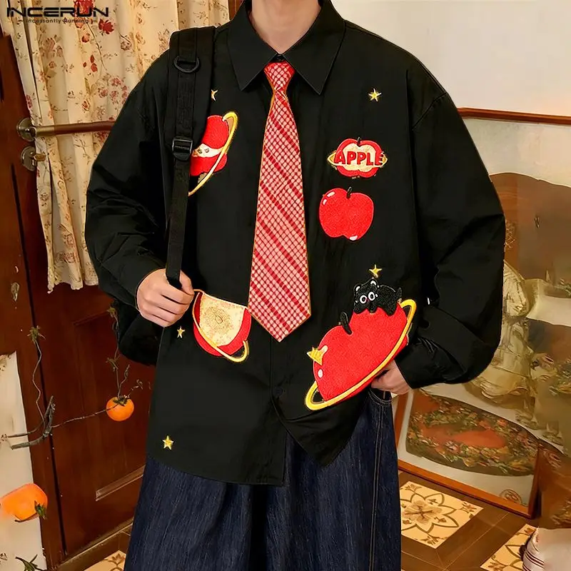 

Мужская рубашка INCERUN с принтом, отложным воротником, длинным рукавом, на пуговицах, свободного кроя, с клетчатым галстуком, в уличном стиле, корейский стиль, модные топы 2026