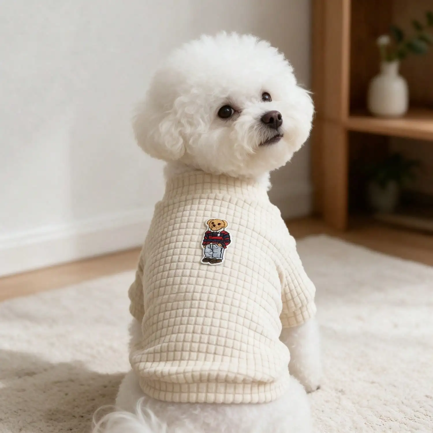 1 Stück Bären-Patch Waffel-Strick-Hundeshirt, weiches Halbrollkragen-Haustier-Outfit für kleine Hunde – Detail 6