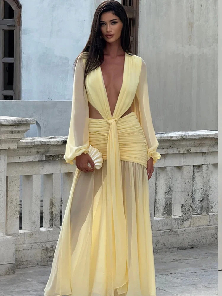 

HH Women's Summer Vocation V-neck Hot Sexy Chiffon Midi Long Sleeves Dress Female Chic Hollow Lace Up Pleated Long Dress