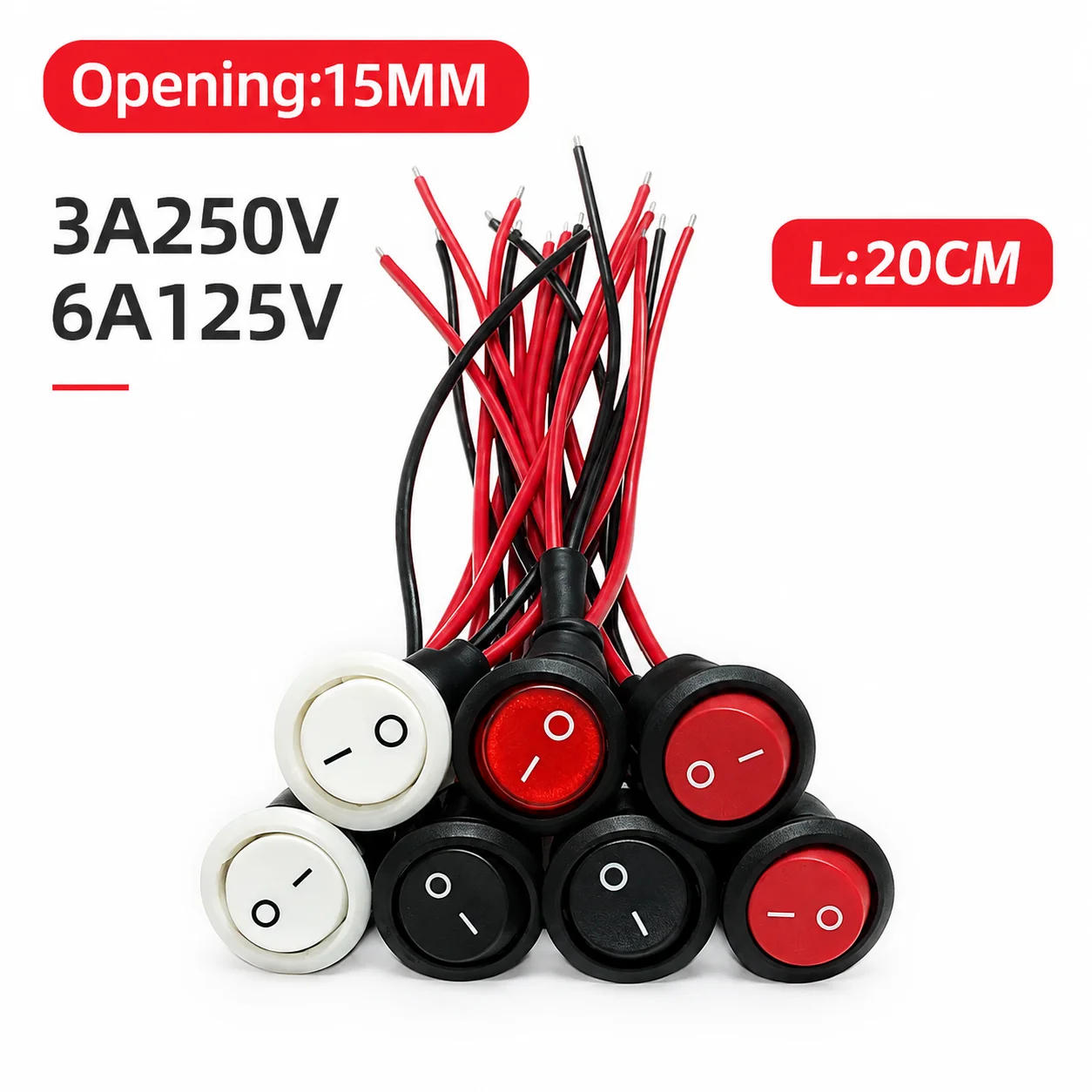 KCD11 15mm Round Rocker Switch With Wire, Boat Toggle Power Button for Table Lamp in-vehicle car modification, 12V 24V 220V