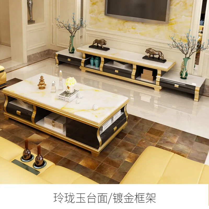 Marble coffee table TV cabinet combination set simple light luxury small apartment postmodern white black living room telescopic