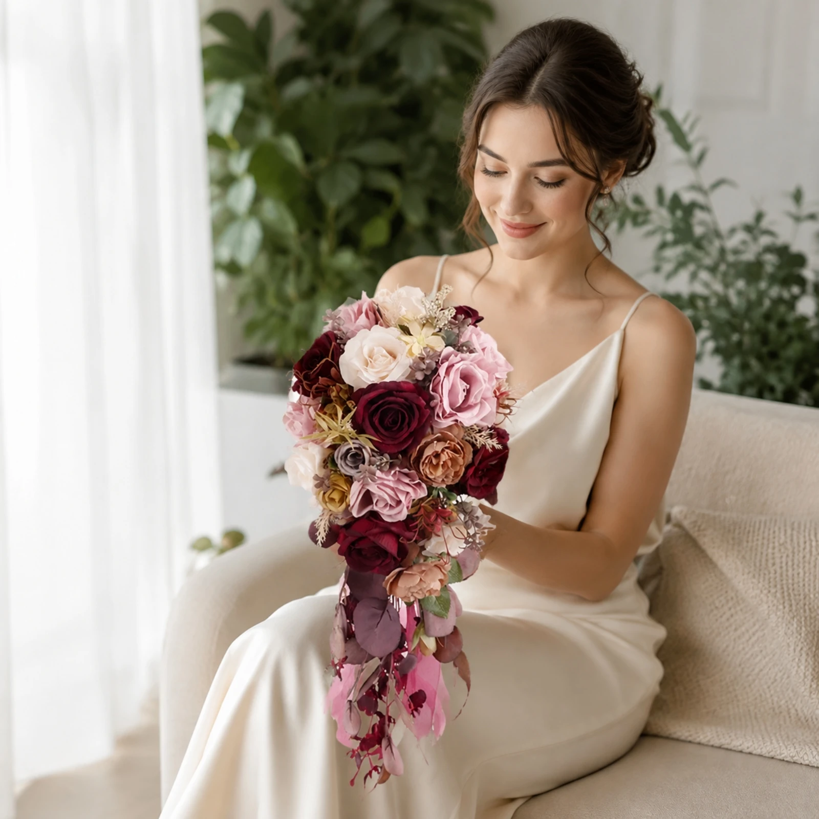 Cascading Teardrop Bridal Hand Bouquet Burgundy Cascading Rose Bouquet with Gathered Stem Keepsake-Style Long-Lasting for Brides