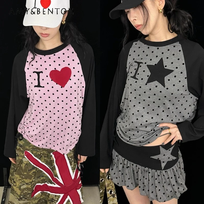 

Оригинальная женская футболка в горошек с круглым вырезом и длинными рукавами, осенняя новая милая универсальная нижняя рубашка, женская рубашка