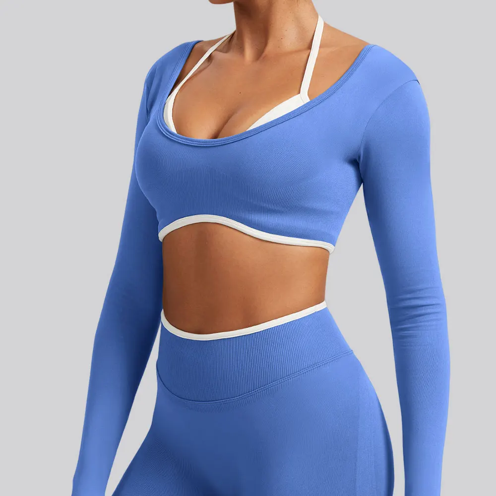 Fake Two-Piece Yoga Shirts For Women Long Sleeve Fitness Running Gym Clothes Women's Seamless Gym Breathable Push Up Sports Top