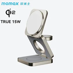 MOMAX Qi2 Magnetic Wireless Charging Station 25W 3 in 1 Stand Fast Charging for iPhone AirPods Apple Watch (No AC Adapter)