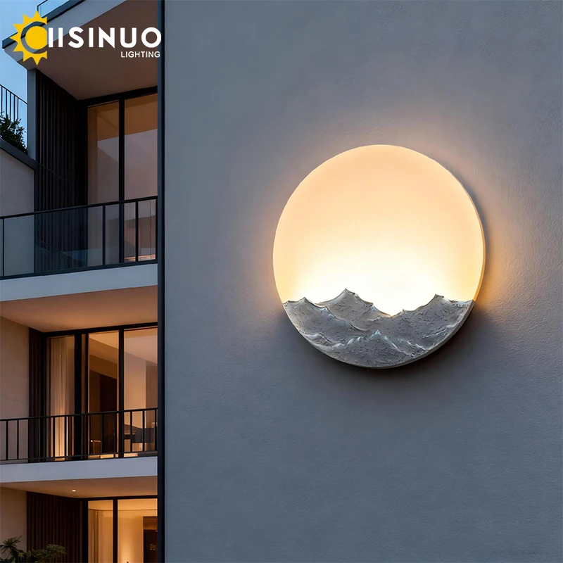 Outdoor Round Wall Light Stainless Steel Villa Lamp Artistic Mountain-Water Pattern Lighting Weatherproof for Courtyard Entryway