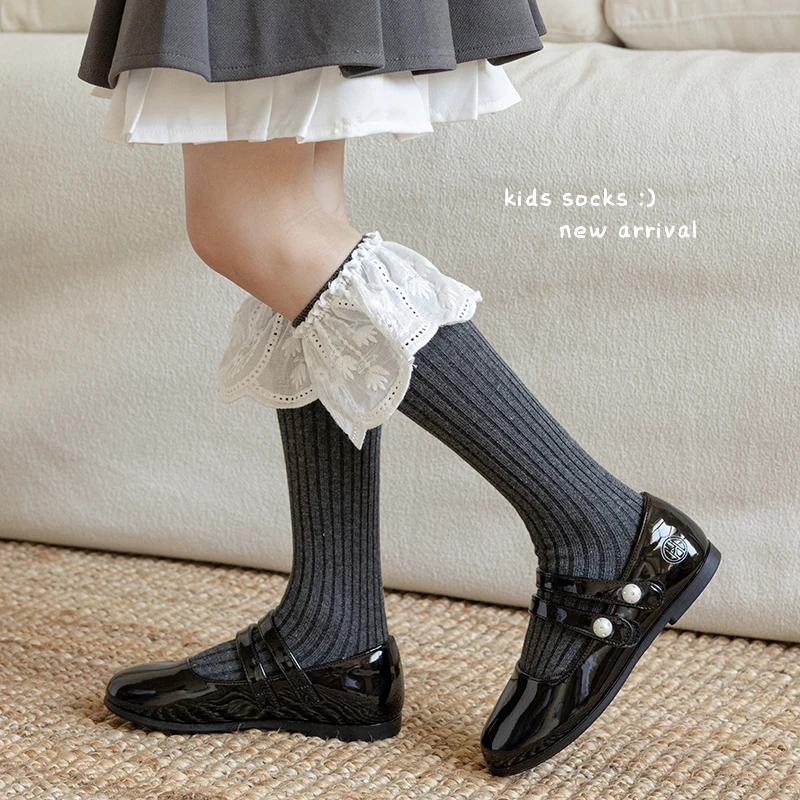 Elegant Girls Solid Color Vertical Striped Socks With Fabric Petal Embroidery Wide Lace Trim Elastic Breathable Knee High Socks