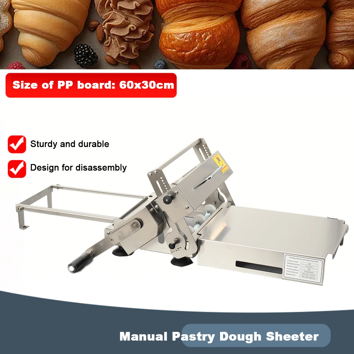 1-25mm Adjustable Thickness Dough Roller, Manual Pastry Dough Sheeter & Croissant Dough Press Machine