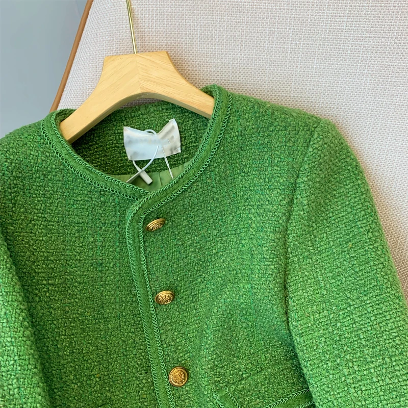 Women Tweed Jacket 2023 Fall Winter Short Coat Korean Elegant Long Sleeve Green Tweed Jacket Luxury Gold Button Cropped Jacket