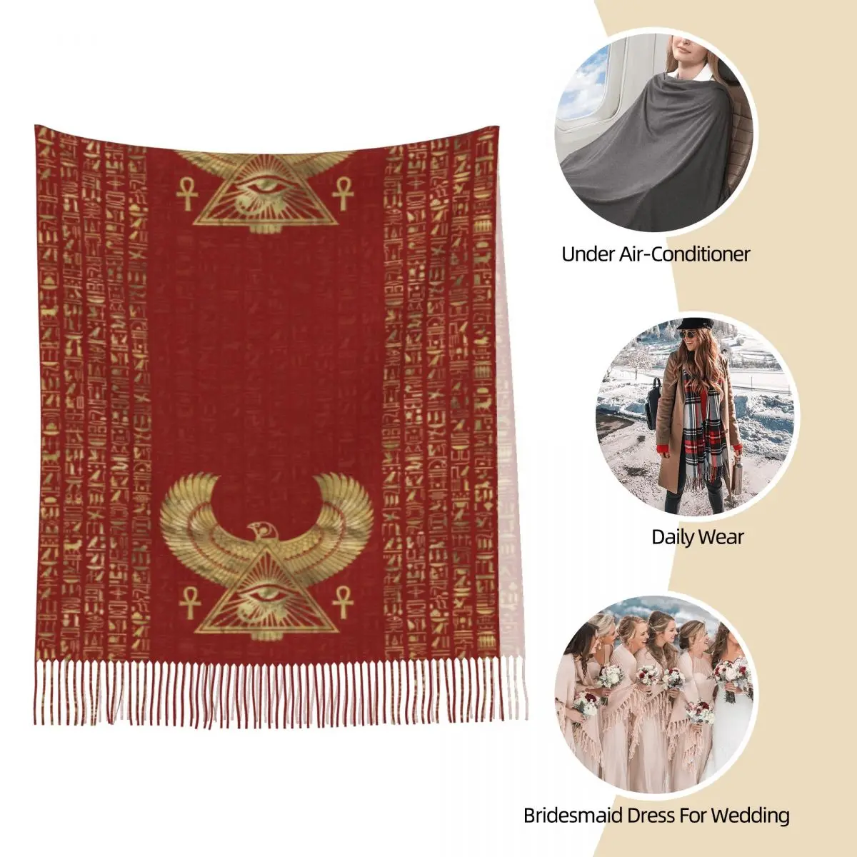 Womens Scarf with Tassel Eye Of Horus Large Winter Warm Shawl and Wrap Egyptian Ancient Egypt Daily Wear Pashmina Scarves