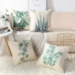 green plant leaf linen cushion cover trim, pillowcase home decor, suitable for sofa, car, bedroom 40x40 45x45 50x50 60x60