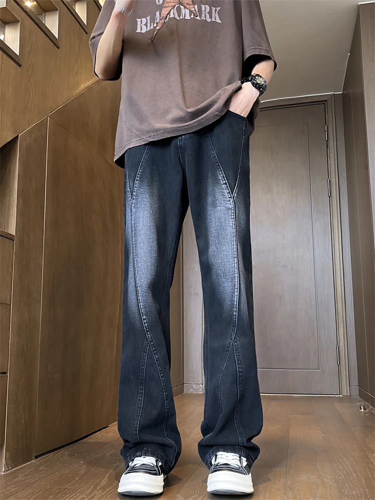 Graduated Grey Black Men's Jeans High Street American Style Straight Leg Slimming Micro Flared Pants mid Waist Long Trousers