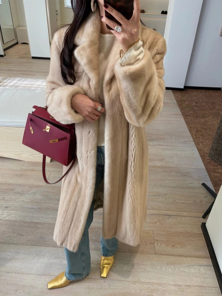 Women Light Tan Long Outercoat Big Notch Collar Roomy Sleeve Warm Faux Fur Coldweather Jacket Winter Outing Chic Winter Outfit