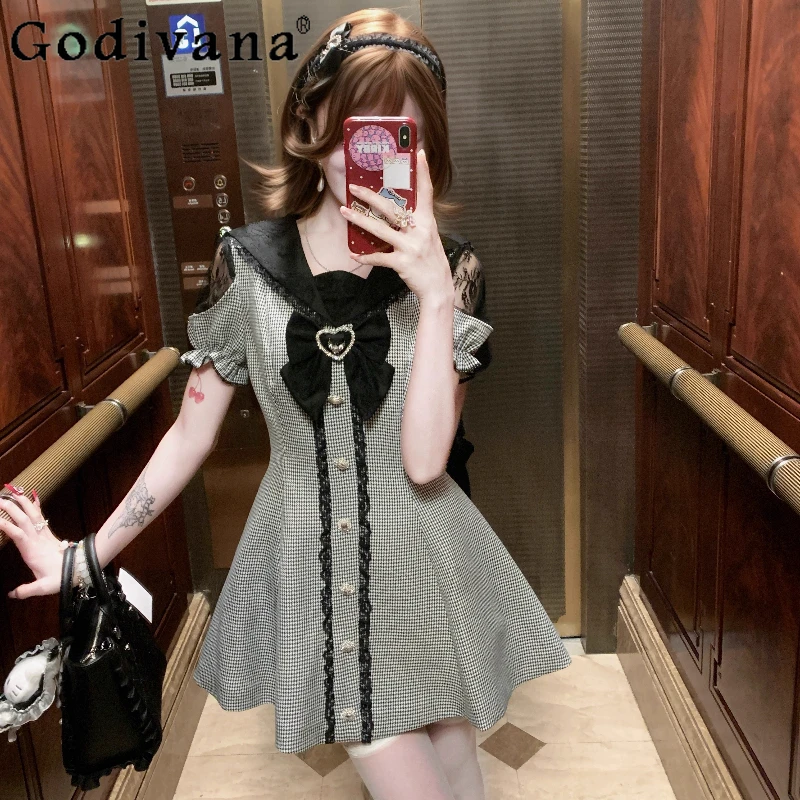 

Sweet Fresh Daily Girl Plaid Dress for Women Summer Bow Collar Princess Cute Dress Female Japanese Style Lolita Short Dress