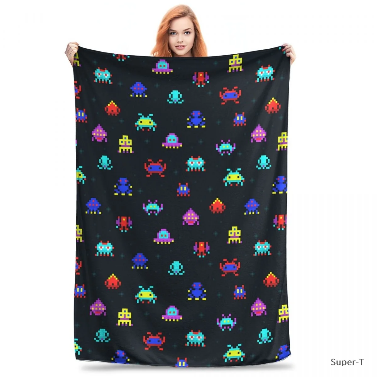 Cute Pixel Robots Space Invaders Retro Video Premium Flannel BlanketBlankets For Chair Sofa Bed Travel Bedspread Tapestry