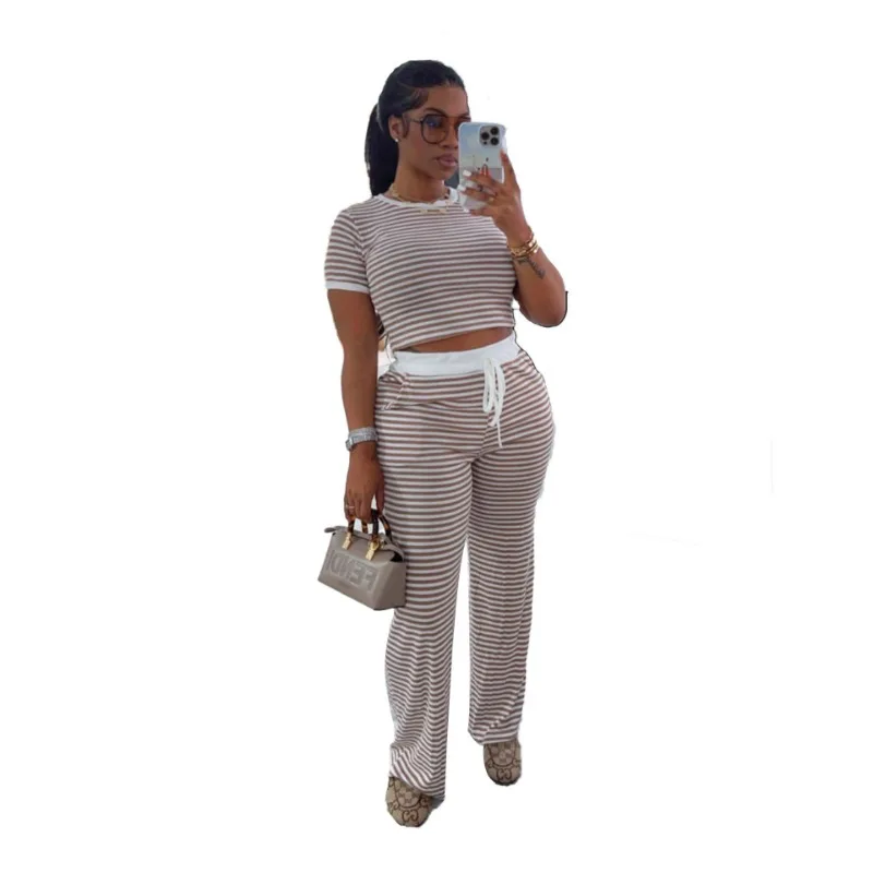 Women Summer Striped Two Piece Set Tracksuits Short Sleeve T-shirts Crop Tops Wide Leg Pants Fashion Casual Streetwear Suits