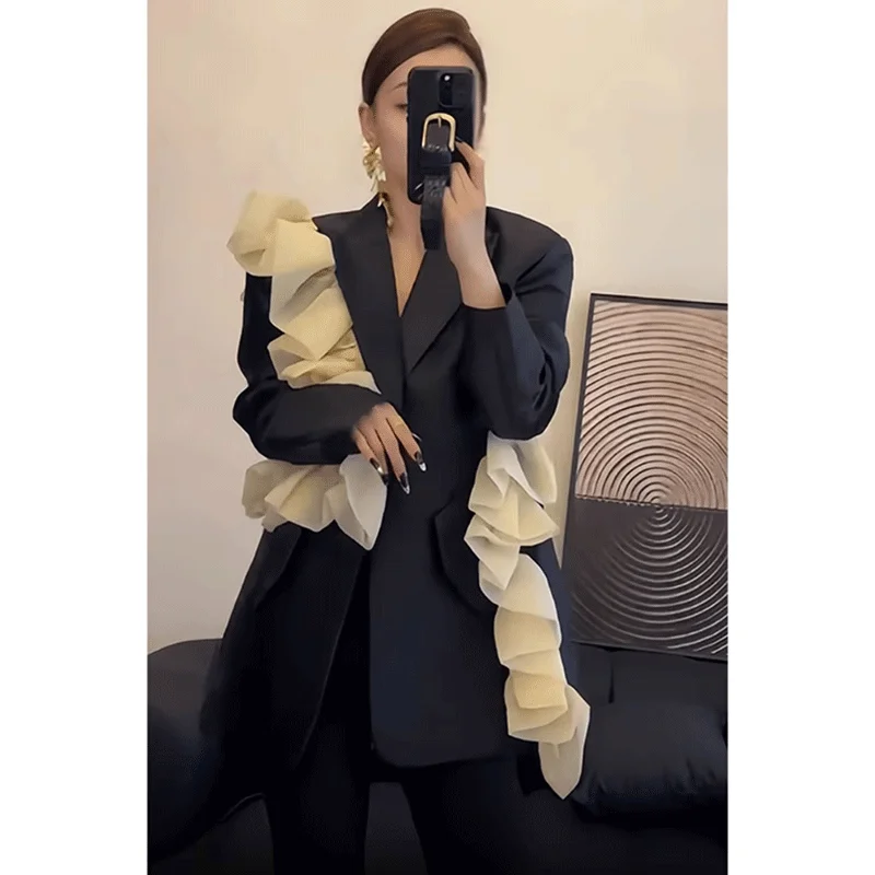 MiiiiX Office Lady Ruffles Casual Blazer Women Suit Jacket 2024 Autumn Fashion Loose Contrast Patchwork Outerwear Female Clothes