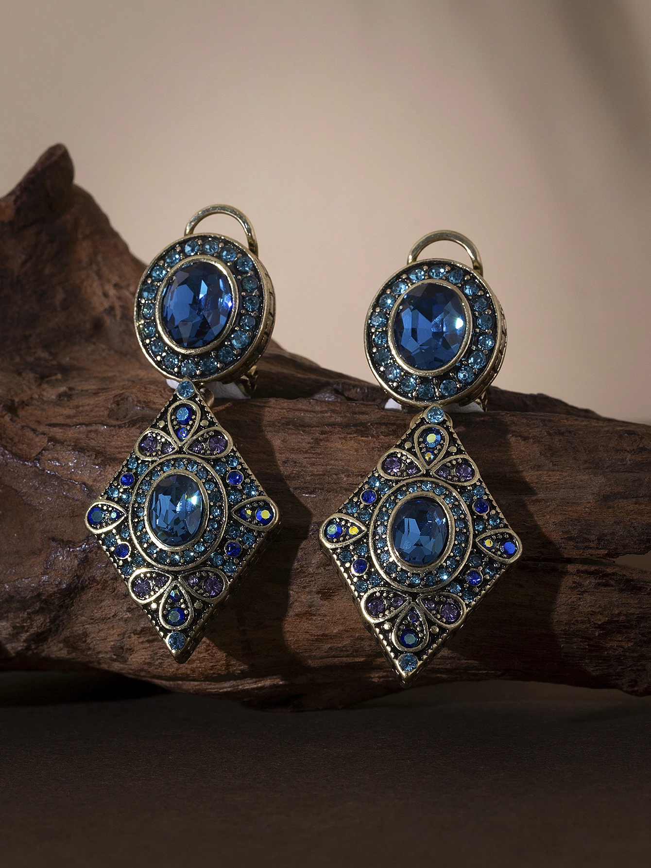   Vintage distressed gold and blue crystal geometric earrings