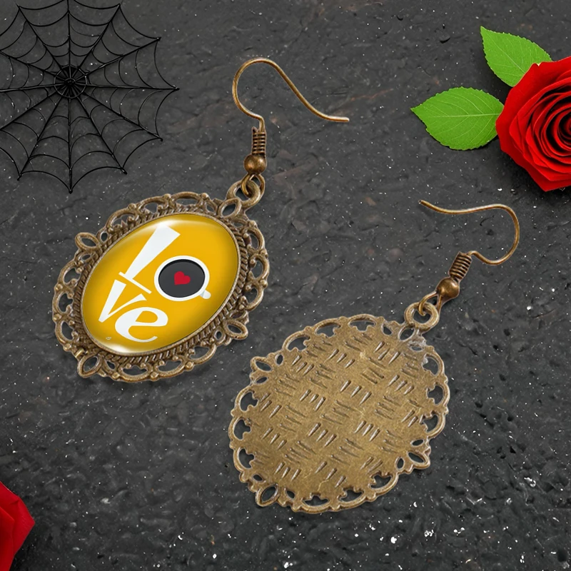 New Arrival I Love Coffee Picture Oval Glass Cabochon Flower Shaped Fish Hook Earrings Handmade Gifts