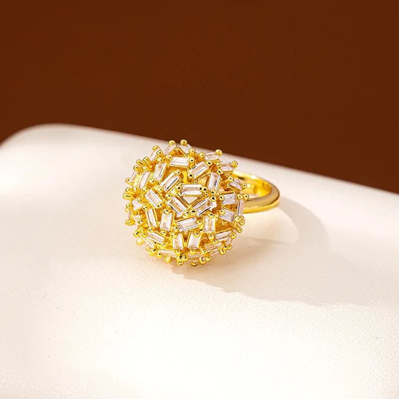 GoldNouveau 24K Gold Zircon-Inlaid Snowflake Hydrangea Index Ring Women AU999- 24K gold crafted, AU999 certified, exquisite luxu