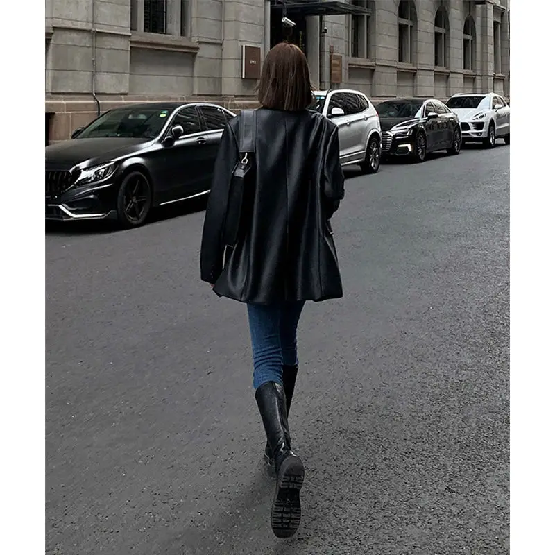 Boutique Wholesale 2023 Autumn New Retro High Quality Loose PU Leather Women's Suits