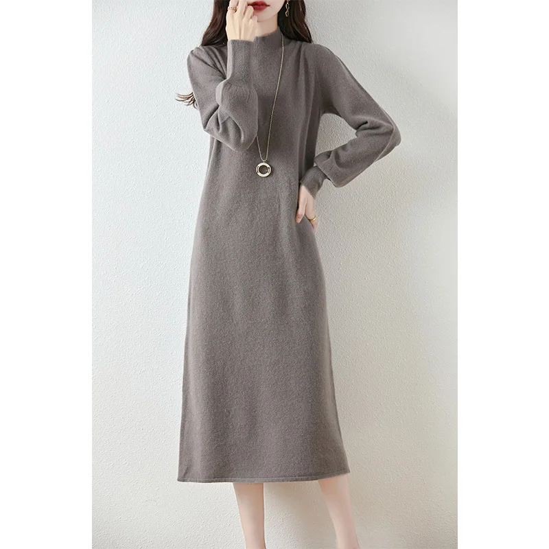 New Long Sleeve Round Neck Dress in Autumn and Winter Feminine 100% Wool Long Dress Women Knitted Lantern Sleeve Long Dress