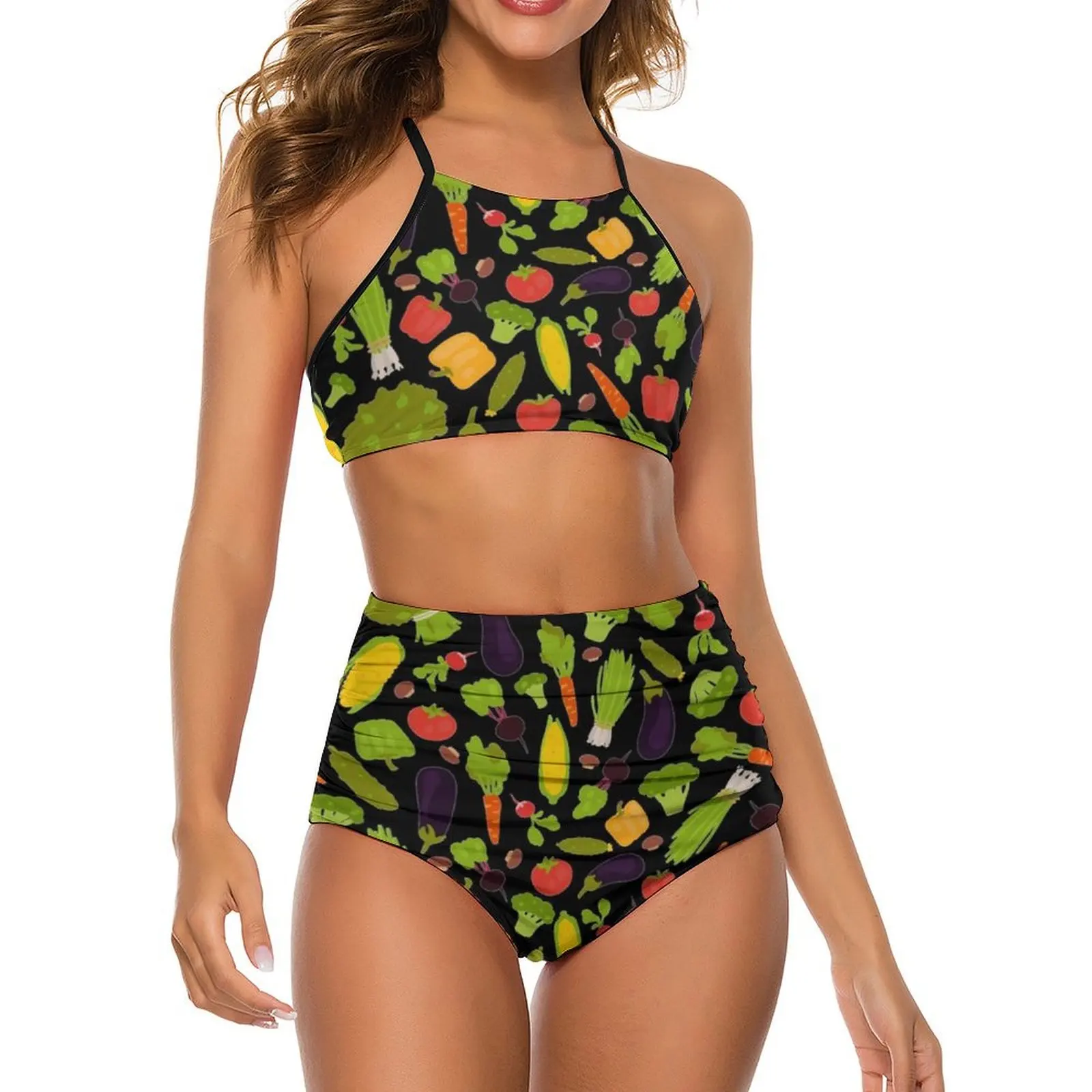 

Sexy Pattern Of World Vegetarian Day Bikini Swimsuit Vegetables Classic Swimwear High Waist Design Bikinis Set String Biquini