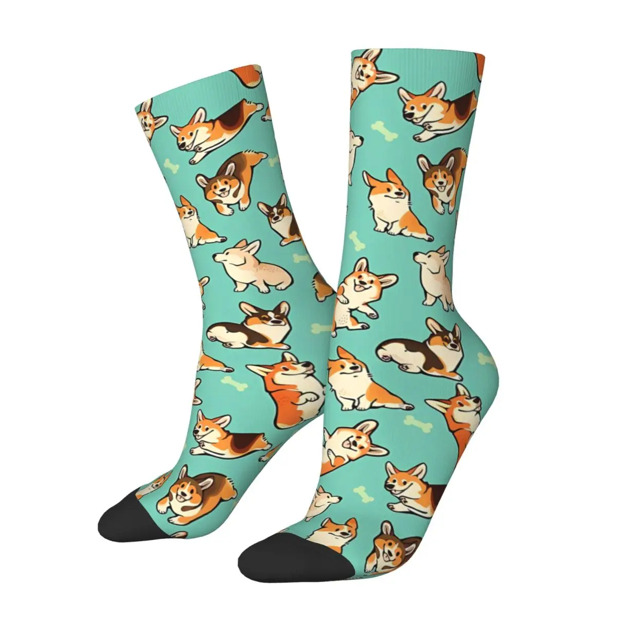 Funny Happy Men's Socks Jolly Corgis In Green Vintage Corgi Dog Animal Hip Hop Seamless Crew Crazy Sock Gift Pattern Printed