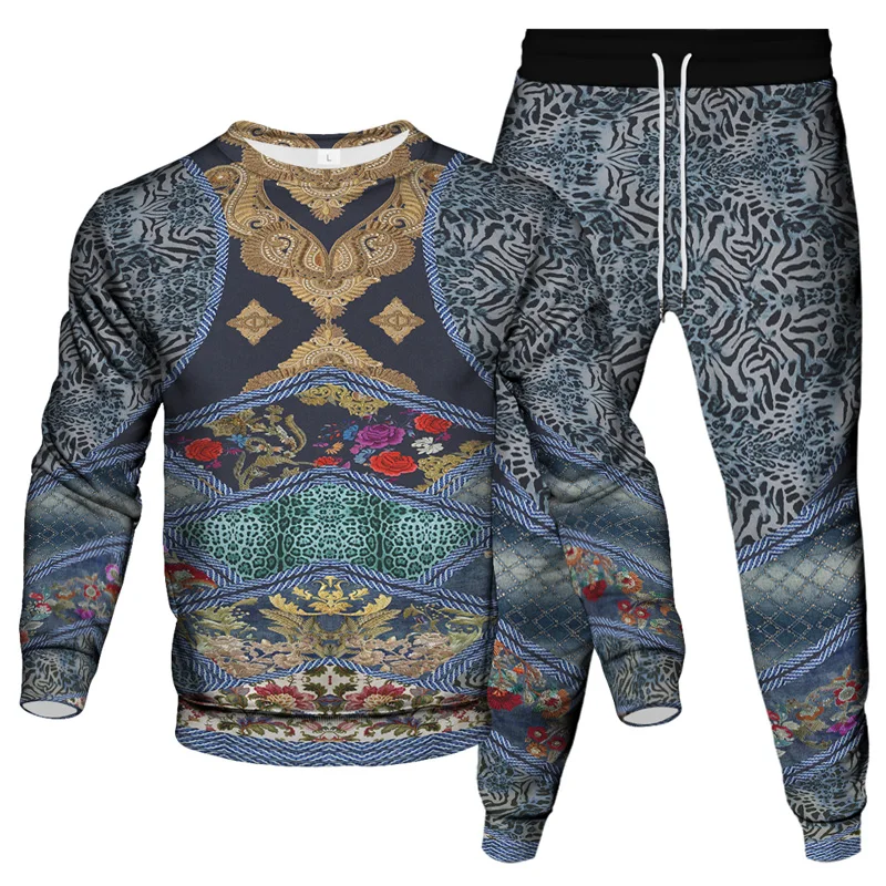 Vintage Paisley Print Leopard Logo Print Men's Clothing Set Sweatshirt Jogging Pants 2 Sets New Women's Outdoor Sportswear