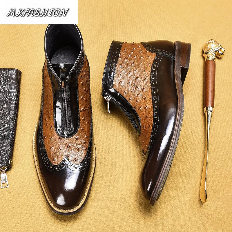 Fashion Men's Genuine Leather Ostrich Pattern Embossed Short Boots Front Zipper Pointed Toe Ankle Boot Booties Shoes