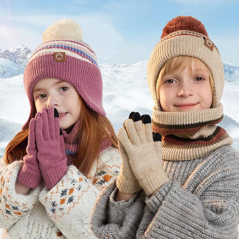 

3Pcs Children's Hat Gloves Scarf Suit Velvet Ear Protection Hats for Boys Girls Winter Knitted Beanie Fashion Warmer Accessories