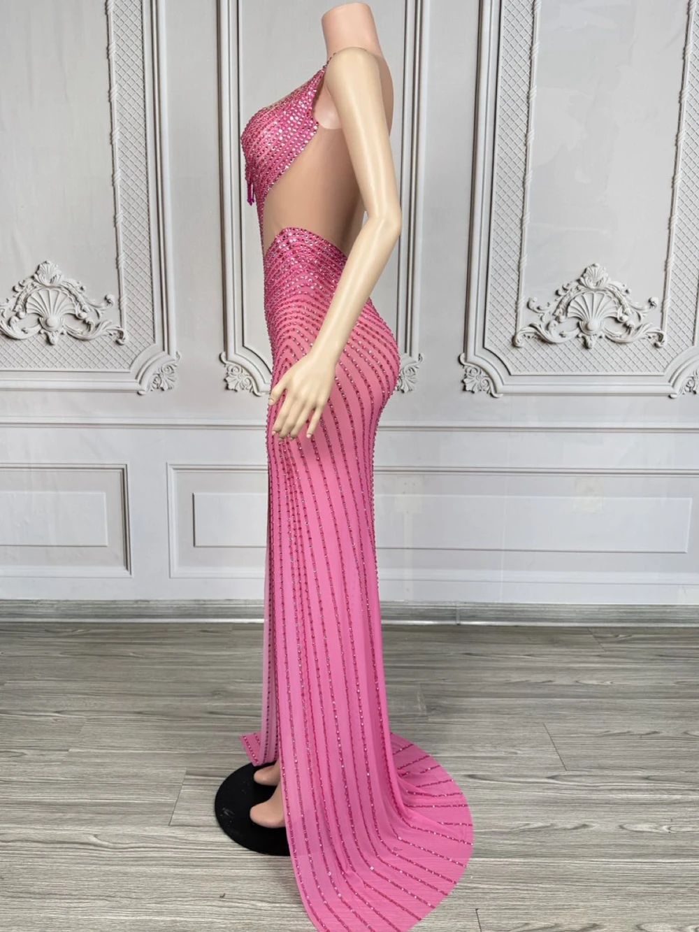 Elegancka długa sukienka z rozcięciem i dżetami dla kobiet, seksowna, siateczkowa, prześwitująca, wieczorowa, na studniówkę, urodziny, sesję zdjęciową.