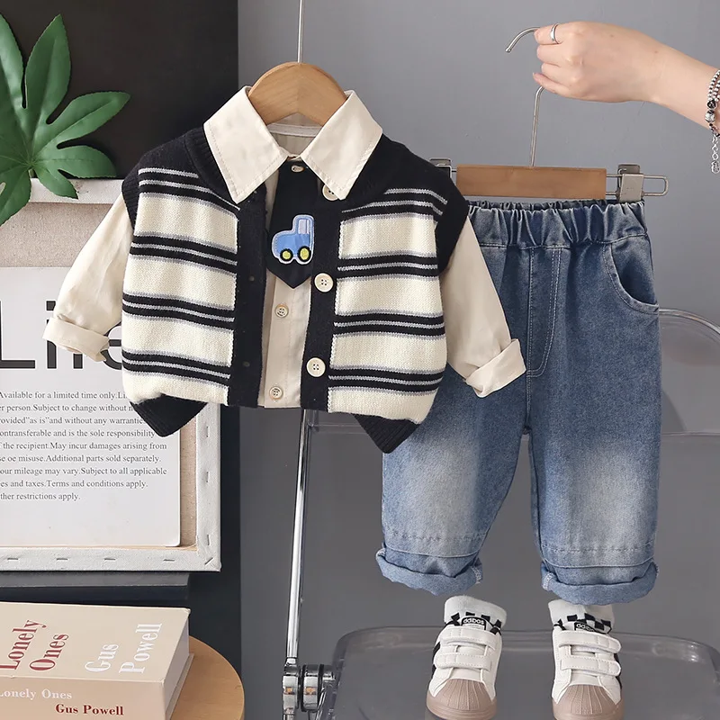 Boys' Fall Clothing 2026 Autumn Children's Korean Casual Striped Cardigan Vest + Shirts + Pants Three Piece Set Baby Boy Outfit