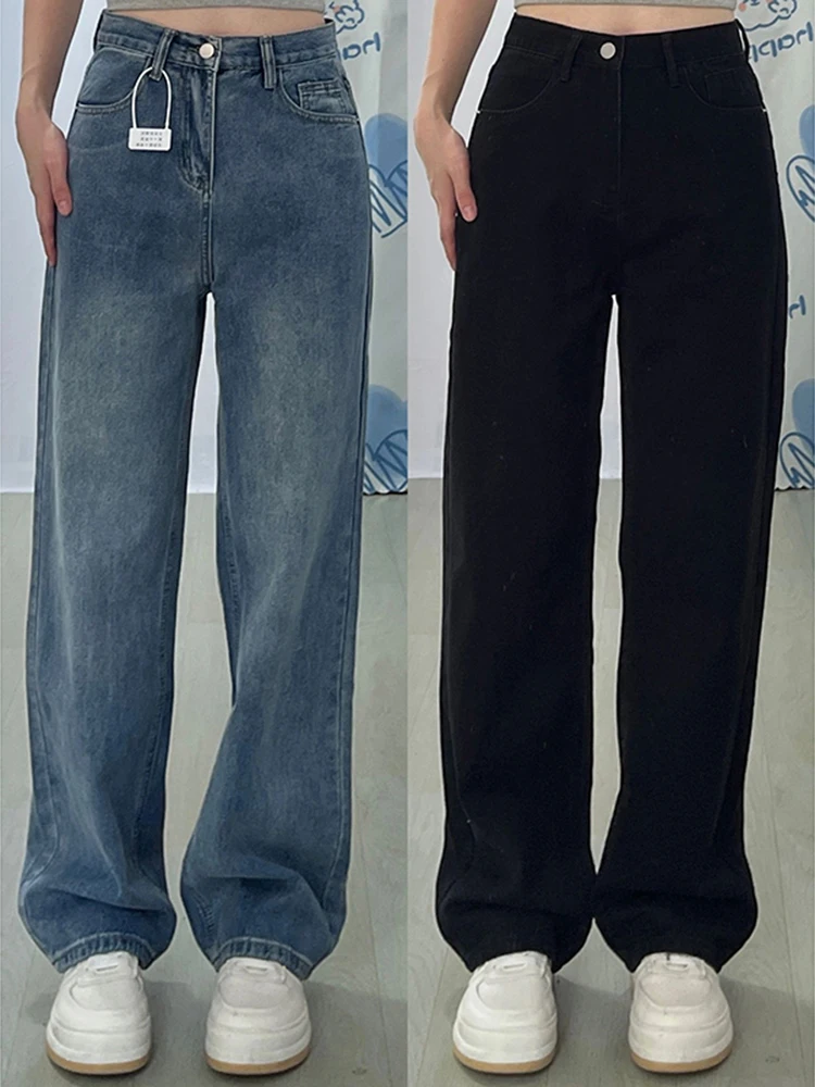 

Джинсы с высокой талией и прямым кроем, больших размеров, женские, летние, новая модель, для фигуры типа «груша», скрывающие бедра, узкие, широкие брюки