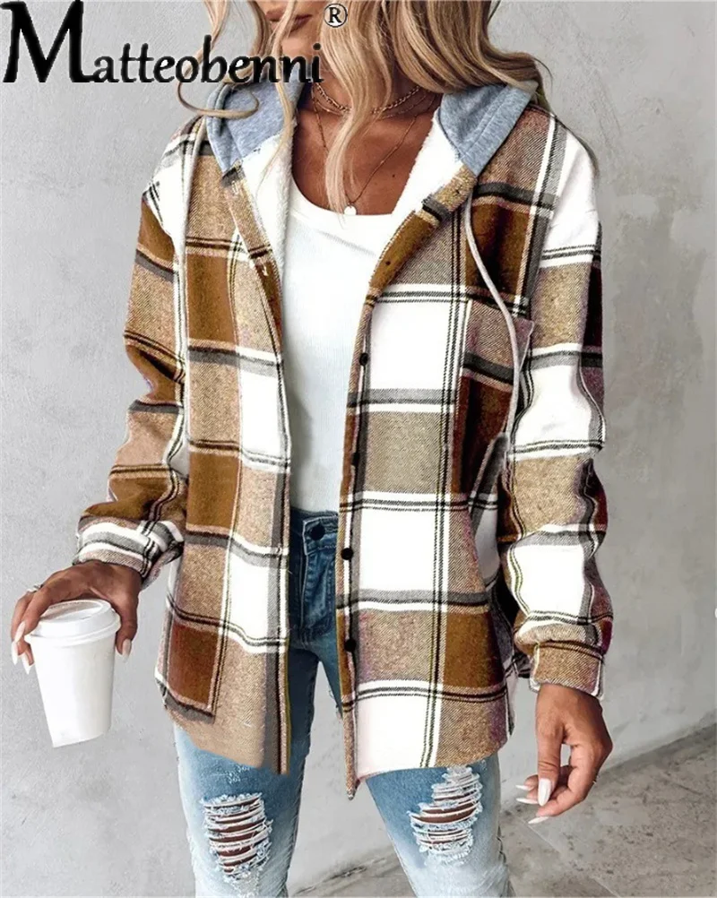 

2025 Fashion Casual Plaid Shirt Woman Loose Autumn Winter Lapel Women's Coat Long Sleeve Cozy Vintage Khaki Tops Lady Streetwear